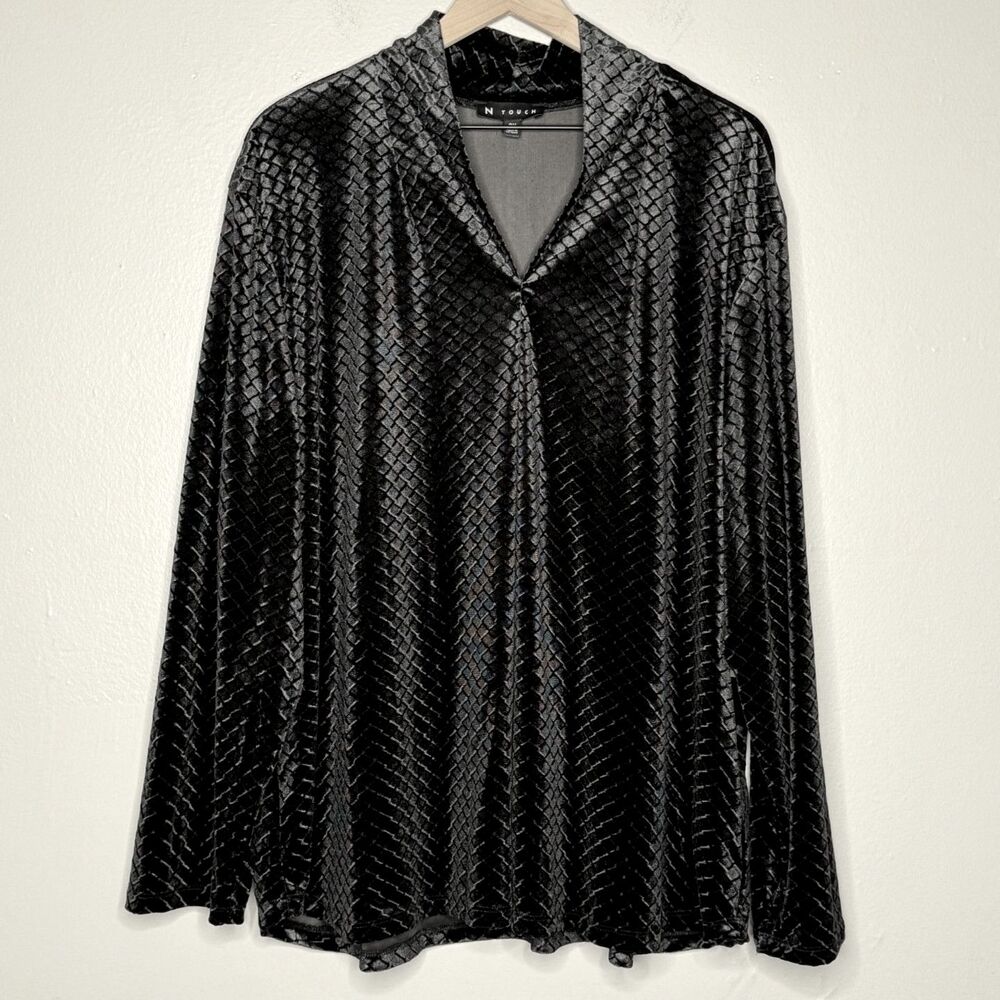 N Touch Womens Velvet Top 3X Black Sweater Diamond Print‎ Soft V-Neck Office